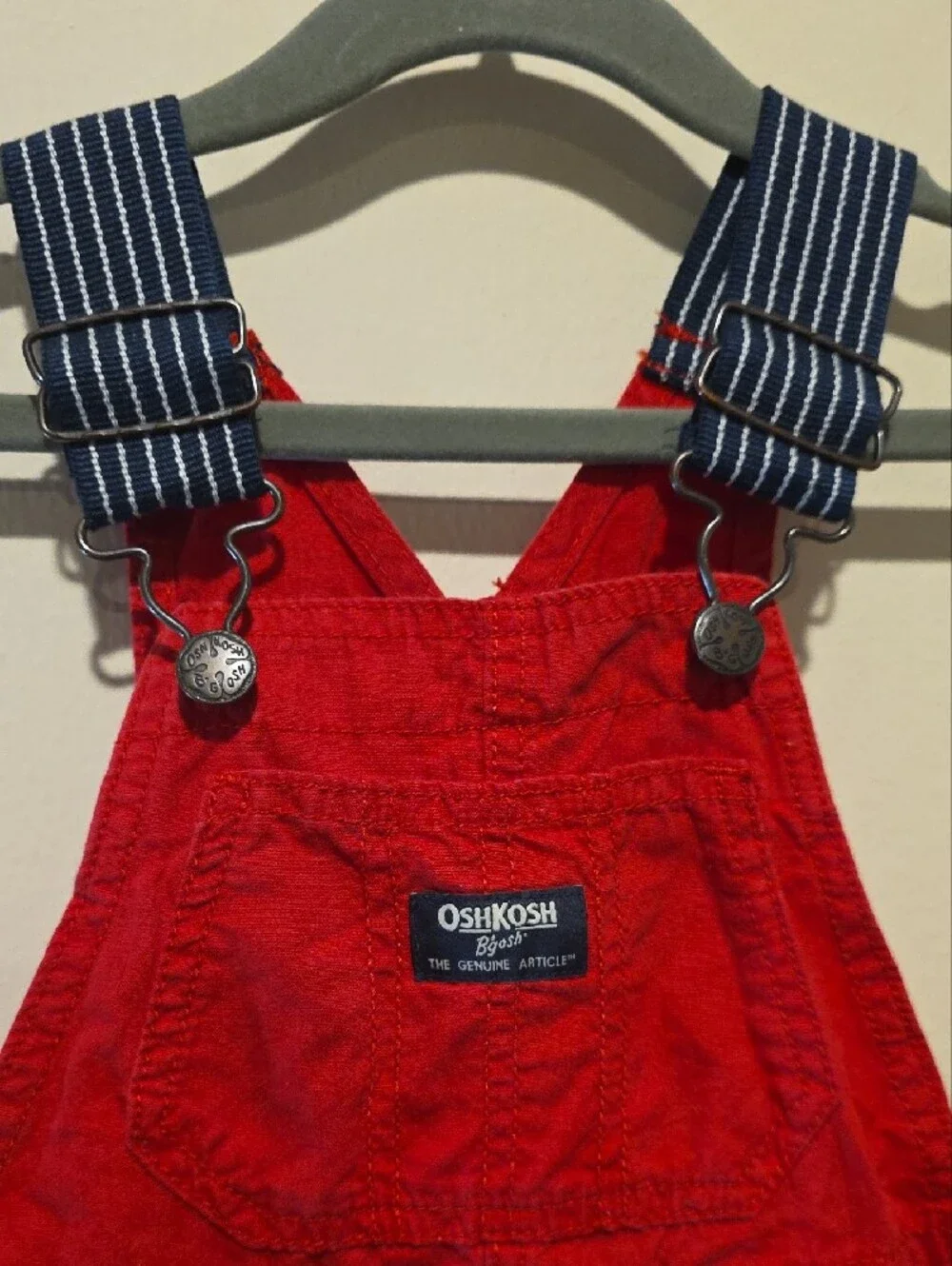 OshKosh B'gosh Red Corduroy Short Overalls with Striped Straps Size 2t 2a